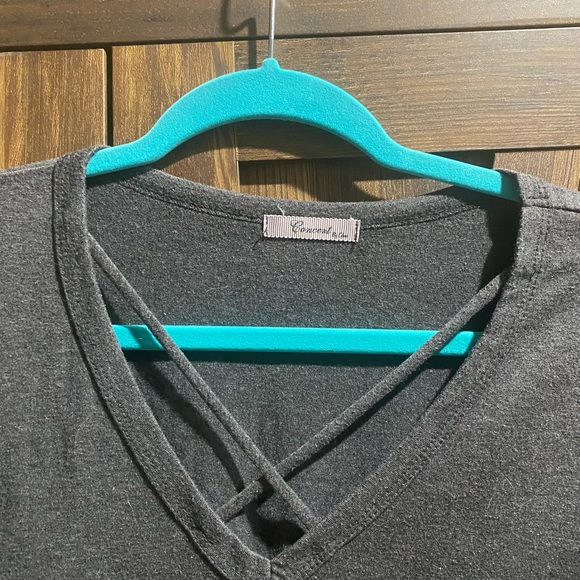 Dark Gry Short Sleeve T Shirt Concert By C Top With Cross Accent In Front Blouse - Picture 2 of 5